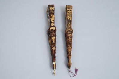 Two Chinese lacquer and painted paper fans with original boxes, Canton, 19th C.