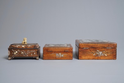 Three Chinese wooden boxes with mother of pearl inlay, 19th C.