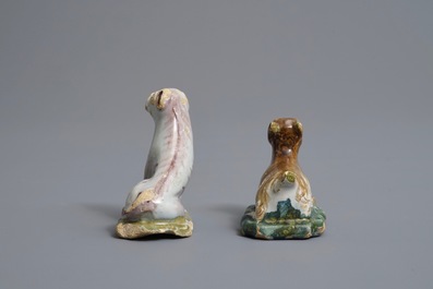 Deux miniatures d'un chien et d'une ch&egrave;vre en fa&iuml;ence polychrome de Delft, 18&egrave;me