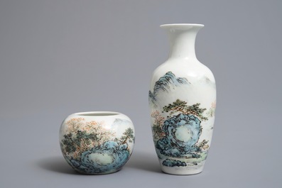 Trois pi&egrave;ces en porcelaine de Chine qianjiang cai &agrave; inscription de Wang Ye Ting, 20&egrave;me