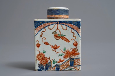 A polychrome Dutch Delft petit feu and dor&eacute; tea caddy, 18th C.