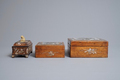 Three Chinese wooden boxes with mother of pearl inlay, 19th C.