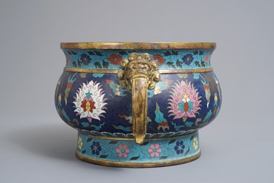 A large Chinese cloisonn&eacute; incenser burner with lotus scrolls, Ming/Qing