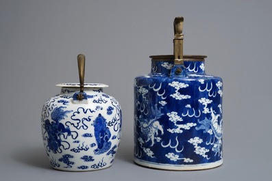 Two large Chinese blue and white Bencharong style teapots for the Thai market, 19th C.