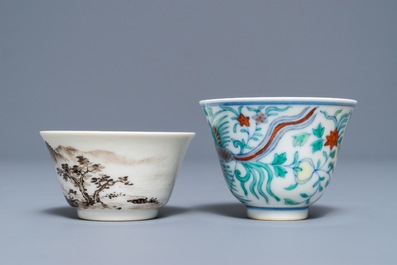 Two Chinese grisaille and doucai wine cups, Yongzheng marks, 19/20th C.