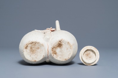 A Chinese biscuit 'conjoined peach' teapot and cover, Kangxi/Yongzheng