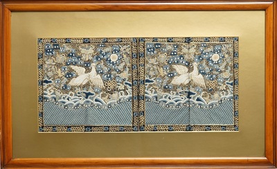 Een paar Chinese kesi 'rank badges' met wilde ganzen, 18/19e eeuw