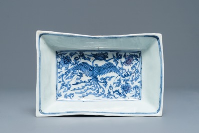 A rectangular Chinese blue and white dish with a phoenix among lotus scrolls, Wanli mark, 19/20th C.