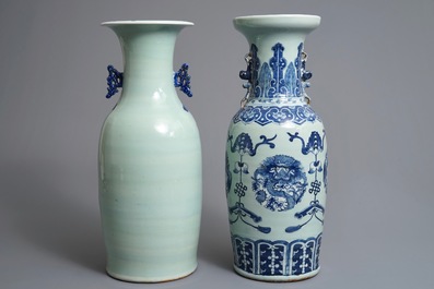 Two Chinese blue and white celadon ground vases, 19th C.