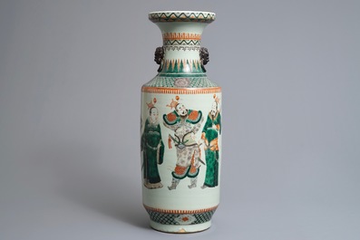 A Chinese famille verte vase with officials and warriors, 19th C.