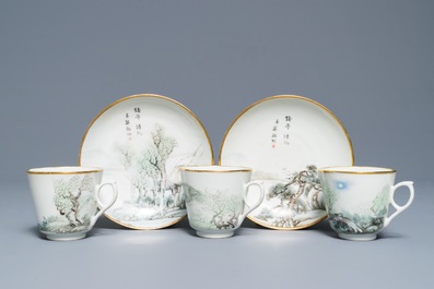 A Chinese qianjiang cai teapot, three cups and two saucers, Republic, 1st half 20th C.