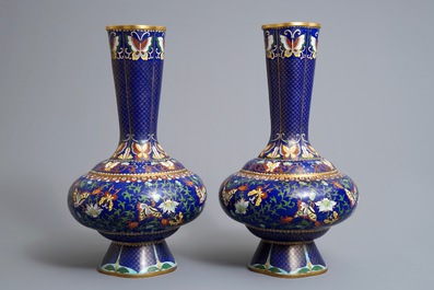 A pair of Chinese cloisonn&eacute; vases with butterflies and flowers, ca. 1900