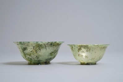 Two Chinese jade and amethyst covered vases and two bowls, 20th C.