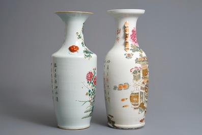 Twee Chinese qianjiang cai en famille rose vazen, 19/20e eeuw
