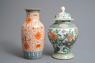 Two Chinese famille verte and iron-red vases, 19/20th C