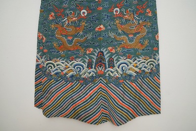 A Chinese embroidered turquoise-ground five-clawed dragon robe, 'jifu', 19th C.