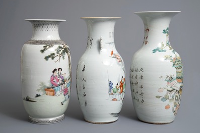 Drie Chinese famille rose en qianjiang cai vazen, 19/20e eeuw