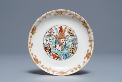 A Chinese Dutch market armorial cup and saucer with the arms of Van Reverhorst, Qianlong