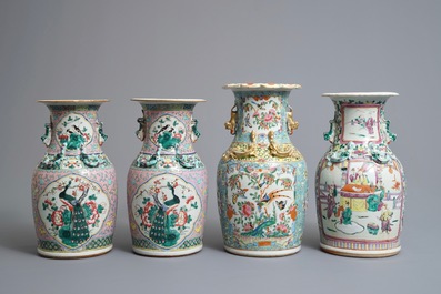 Two Chinese famille rose vases and a pair of Straits or Peranakan vases, 19th C.