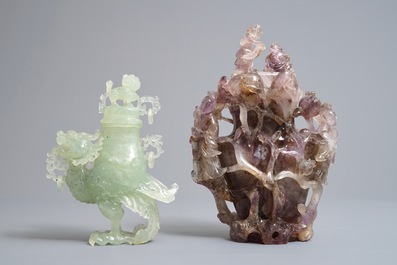 Deux bols et deux vases couverts en jade et am&eacute;thyste, 20&egrave;me