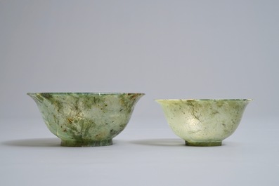 Two Chinese jade and amethyst covered vases and two bowls, 20th C.