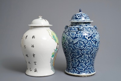 Two Chinese blue and white and famille rose vases and covers, 19/20th C.