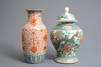 Two Chinese famille verte and iron-red vases, 19/20th C