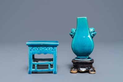 A Chinese turquoise and aubergine-glazed miniature vase on stand and a table, Kangxi