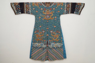 A Chinese embroidered turquoise-ground five-clawed dragon robe, 'jifu', 19th C.