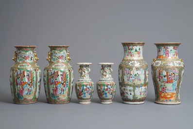 Six Chinese Canton famille rose vases, 19th C.