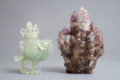 Two Chinese jade and amethyst covered vases and two bowls, 20th C.