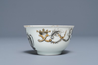 A Chinese armorial grisaille cup and saucer with alliance arms, Qianlong