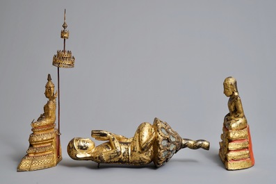 Three Thai gilt bronze, earthenware and wooden votive figures, 19th C.