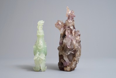 Two Chinese jade and amethyst covered vases and two bowls, 20th C.