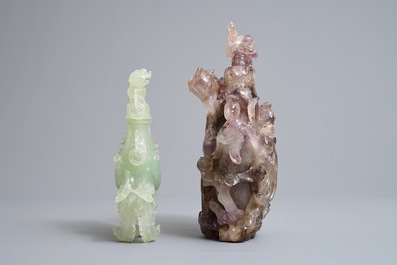 Deux bols et deux vases couverts en jade et am&eacute;thyste, 20&egrave;me