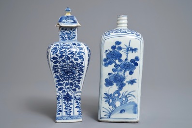 A Chinese blue and white square bottle, Wanli, and a vase and cover, Kangxi