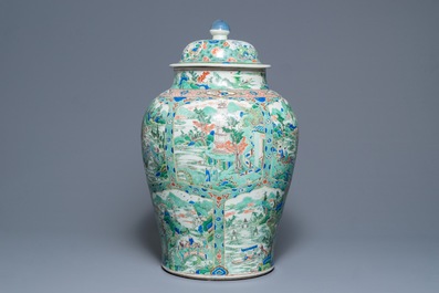 A large Chinese famille verte vase and cover with figures in fluvial landscapes, Kangxi