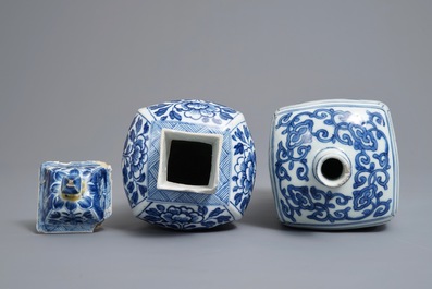 A Chinese blue and white square bottle, Wanli, and a vase and cover, Kangxi