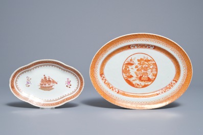 Three Chinese famille rose Scottish market armorial plates and two oval dishes for the American market, Qianlong and 19th C.