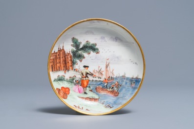 Een Chinese famille rose Meissen-stijl kop en schotel met 'Peter de Grote' decor, Qianlong