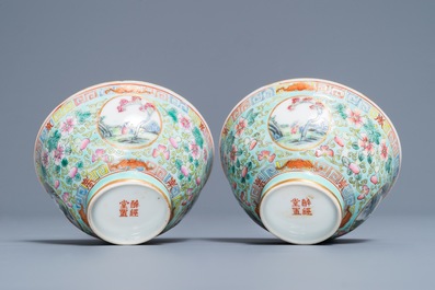 A pair of Chinese famille rose turquoise ground bowls, Republic, 20th C.