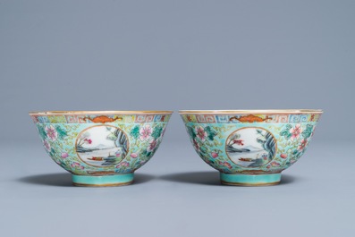 A pair of Chinese famille rose turquoise ground bowls, Republic, 20th C.