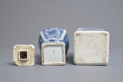 A Chinese blue and white square bottle, Wanli, and a vase and cover, Kangxi