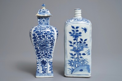 A Chinese blue and white square bottle, Wanli, and a vase and cover, Kangxi