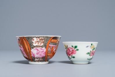 Two Chinese famille rose cups and saucers, Yongzheng/Qianlong