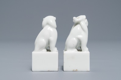 Een paar Chinese Dehua blanc de Chine zegels met leeuwen, reli&euml;fmerk, Kangxi