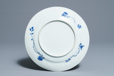 Six Chinese blue and white plates with a boy on a terrace, Kangxi