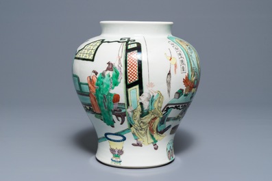 A Chinese famille verte vase with figures in a temple, Kangxi mark, 19th C.