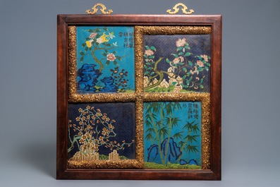 A pair of Chinese cloisonn&eacute; and gilt bronze inscribed panels, 19/20th C.