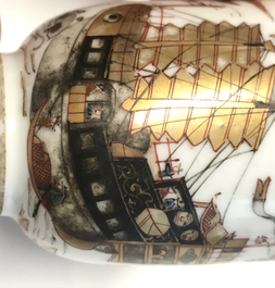 A Chinese grisaille and gilt cup and saucer with a large ship, Yongzheng/Qianlong